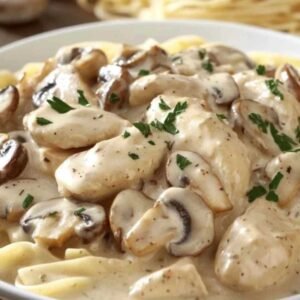 Stroganoff de Poulet aux Champignons 8 Stroganoff de poulet aux champignons servi avec du riz