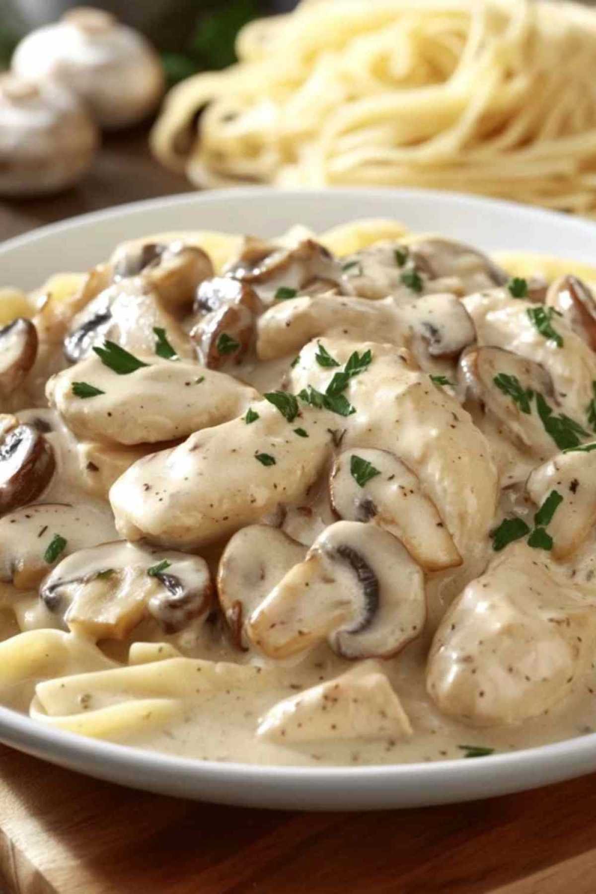 Stroganoff de poulet aux champignons servi avec du riz