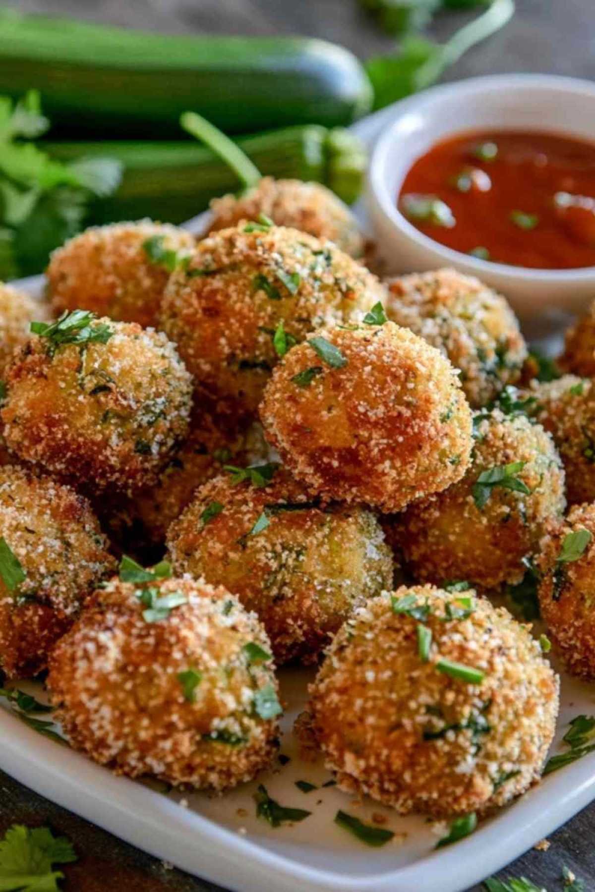 Boulettes de courgettes servies avec une sauce yaourt
