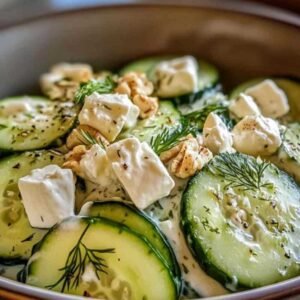 Salade Crémeuse de Concombres au Fromage et aux Noix 8 Salade de concombres crémeuse servie avec du pain pita et des olives