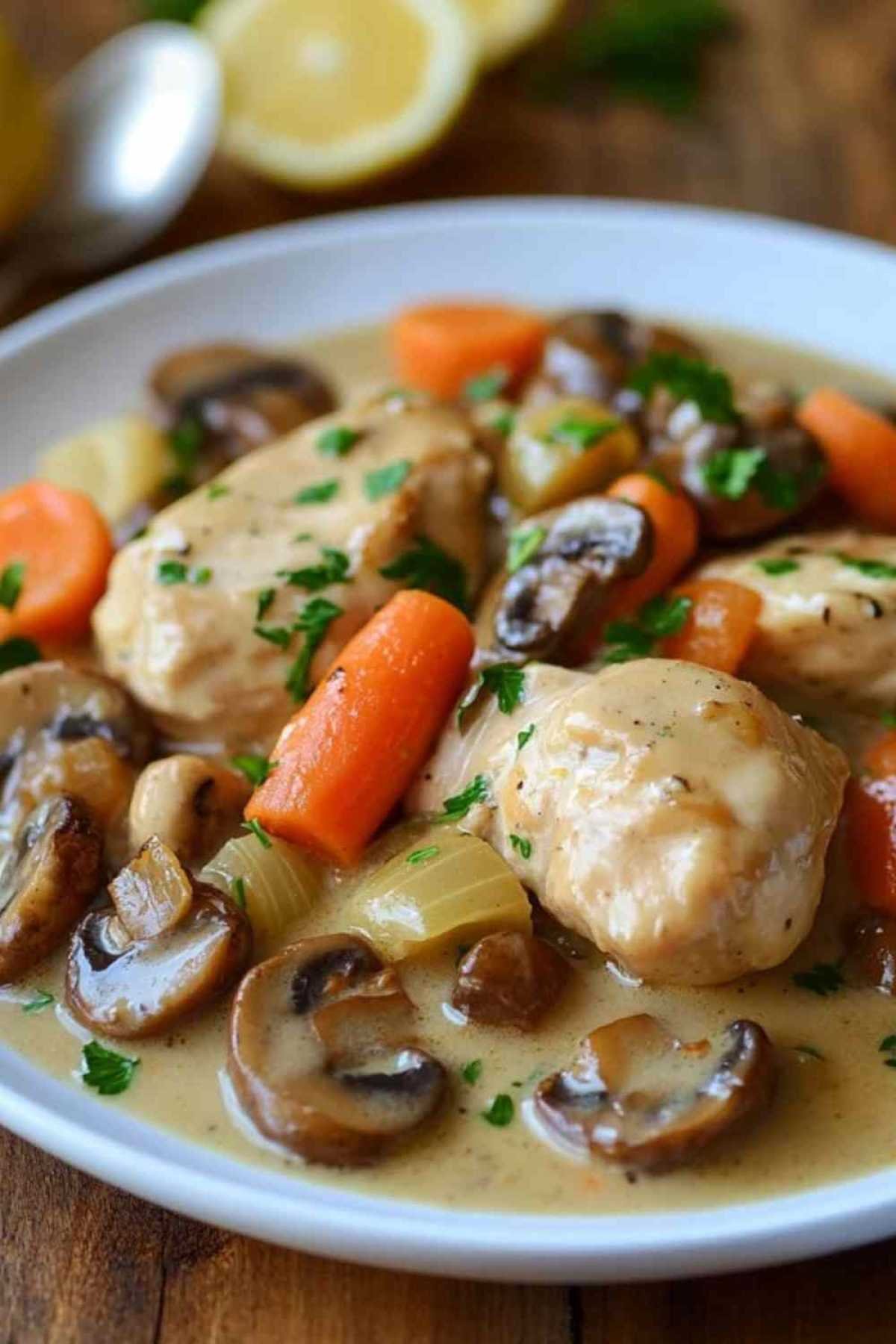 Blanquette de poulet aux champignons servie avec du riz et une salade verte 