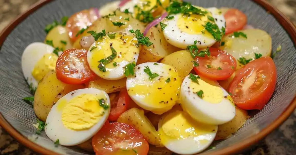 Préparation de la vinaigrette pour salade de pommes de terre aux œufs
