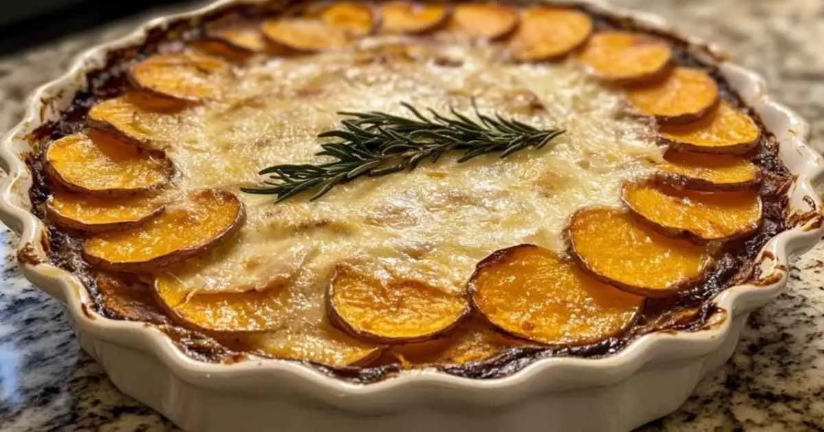 Portion de gratin pommes de terre et patate douce servie