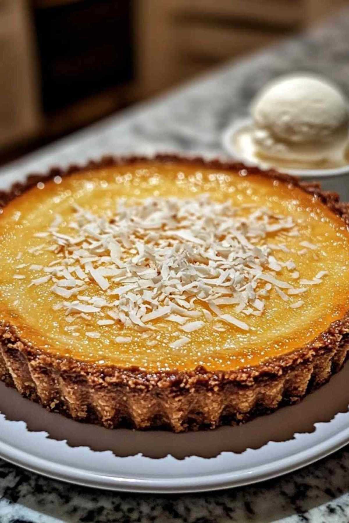 Part de tarte à la noix de coco sans croûte avec texture aérienne