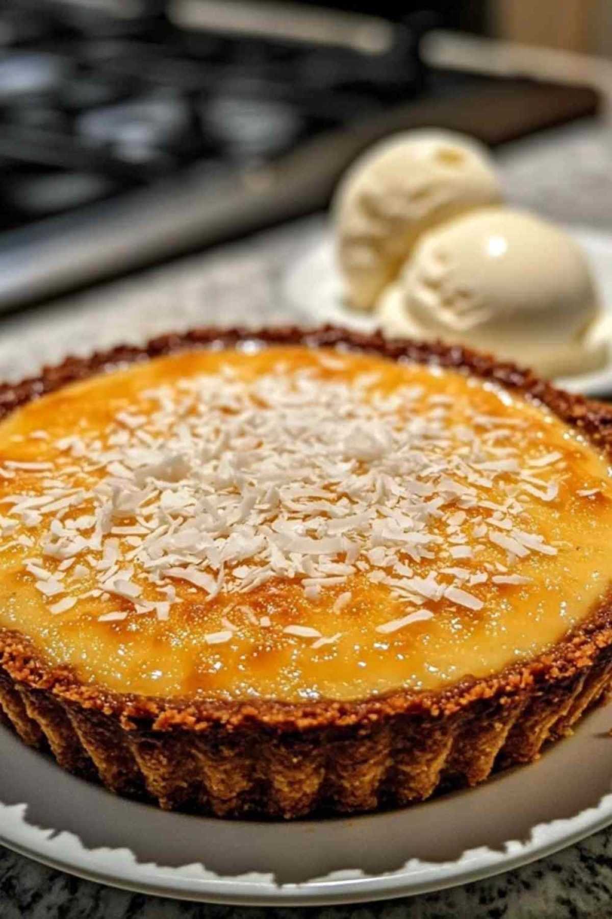 Tarte à la noix de coco servie avec fruits rouges et crème