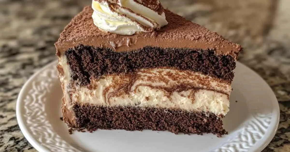 Tranche de gâteau marbré chocolat vanille sur une assiette blanche