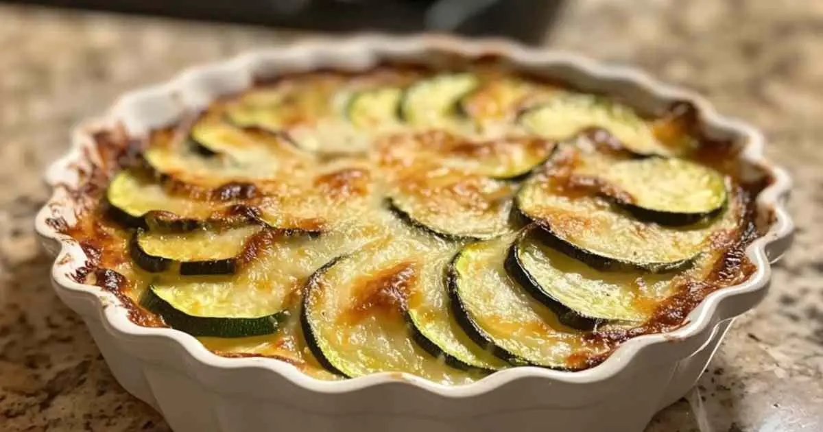 Gratin de courgettes au thon doré et fumant dans un plat à four