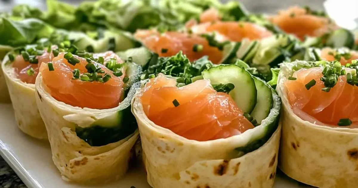 Wraps au saumon fumé et fromage blanc enveloppés dans du film alimentaire