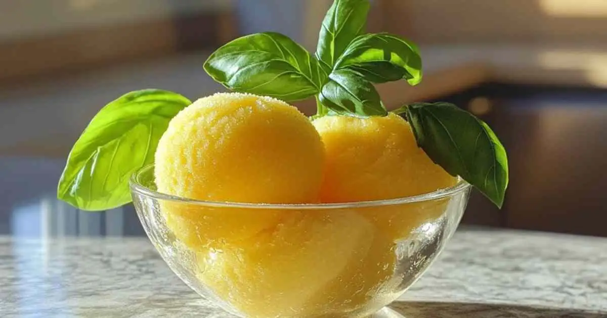 Sorbet citron basilic maison servi dans une coupe en verre