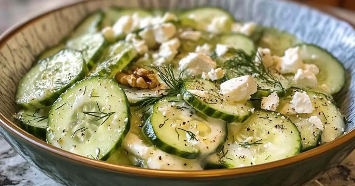Salade crémeuse de concombres au fromage feta et aux noix dans un bol blanc