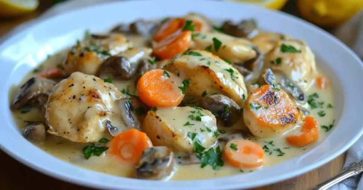 Blanquette de poulet aux champignons servie dans une assiette creuse avec du persil frais