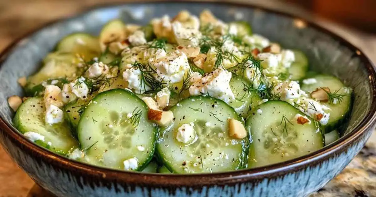 Salade crémeuse de concombres au fromage feta et aux noix dans un bol blanc