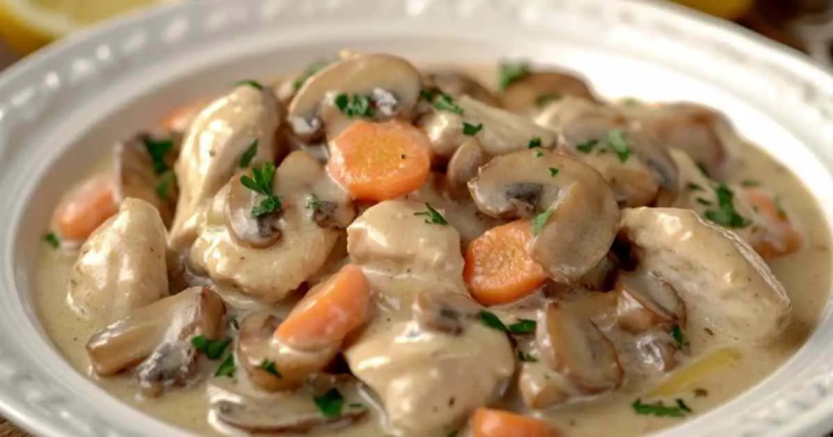 Blanquette de poulet aux champignons servie dans une assiette creuse avec du persil frais