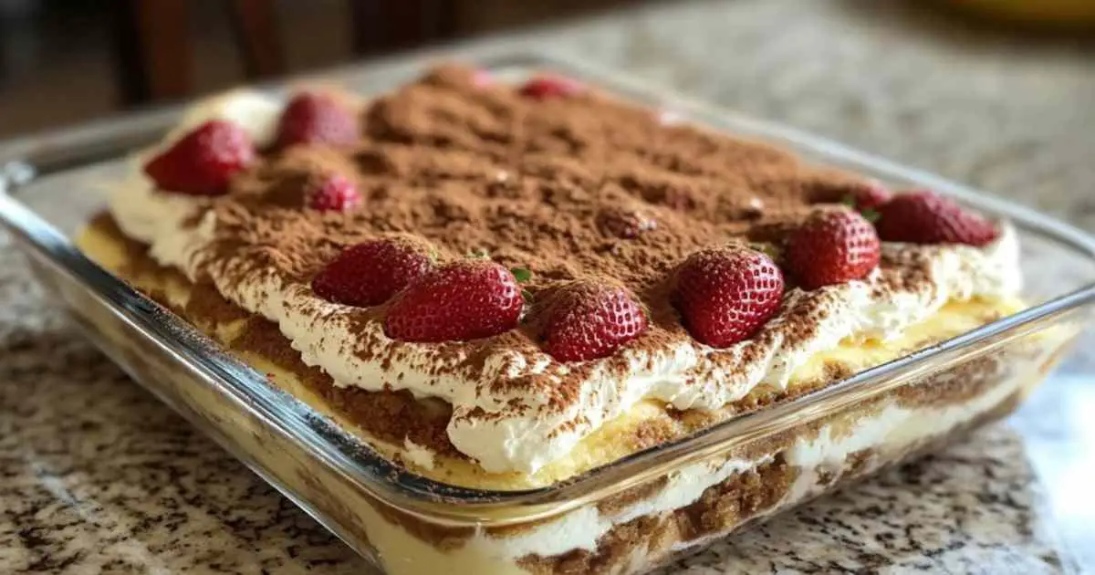 Part de tiramisu aux fraises et speculoos servie dans une assiette