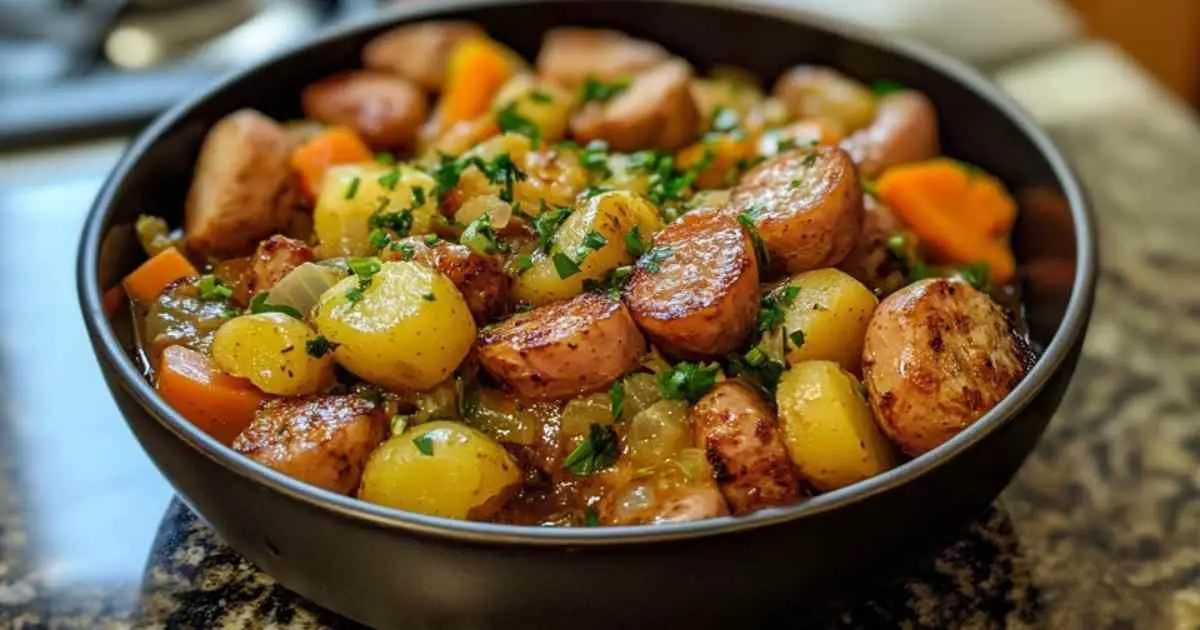 Ragoût de saucisses aux légumes mijoté dans une cocotte en fonte