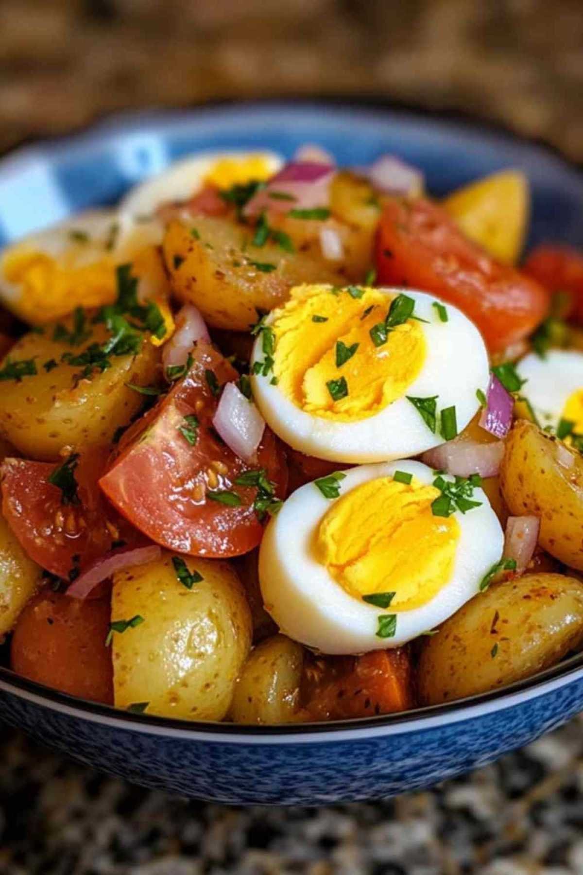 Salade de pommes de terre aux œufs dans un saladier rustique