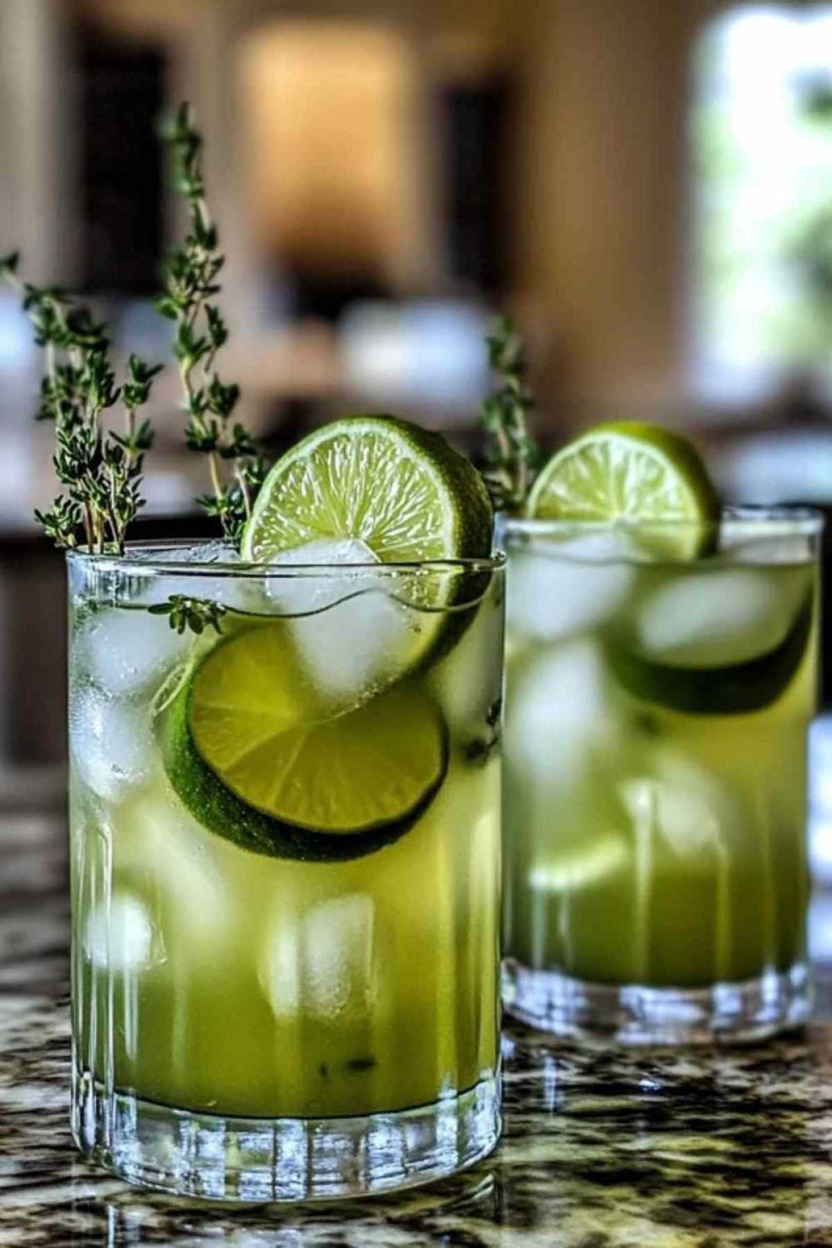  Limonade pétillante au citron vert, thym et gingembre servie dans un verre avec glaçons et garniture