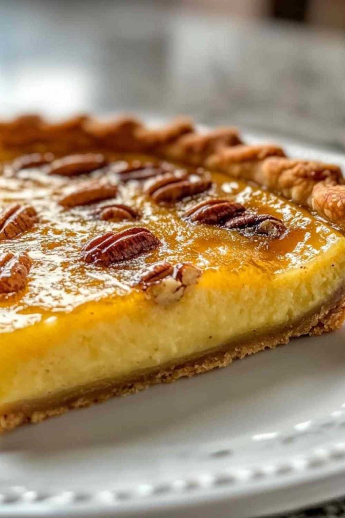 Tarte vanille pécan dorée et garnie de noix caramélisées