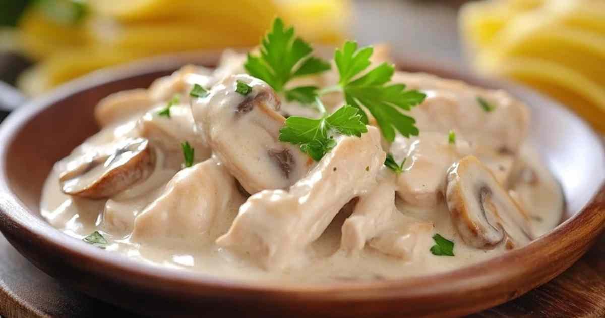 Assiette élégante de stroganoff de poulet garni de persil