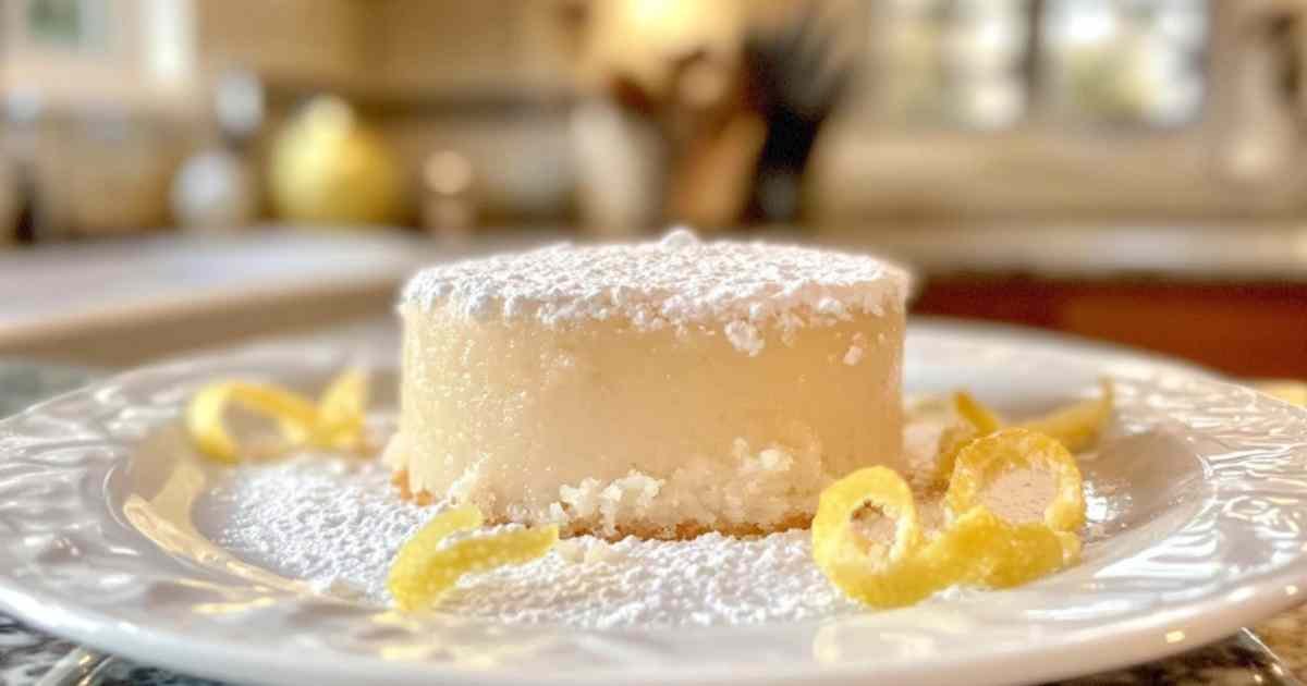 Gâteau nuage au yaourt moelleux saupoudré de sucre glace sur un plat de service
