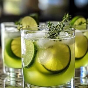 Limonade Pétillante au Citron Vert, Thym & Gingembre 8 Limonade pétillante au citron vert, thym et gingembre servie dans un verre avec glaçons et garniture