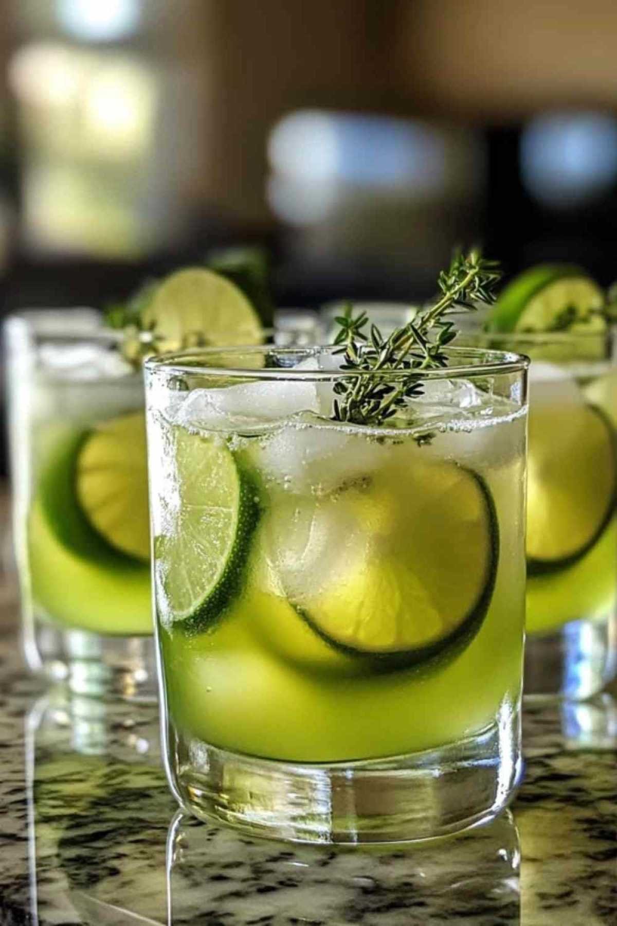  Limonade pétillante au citron vert, thym et gingembre servie dans un verre avec glaçons et garniture