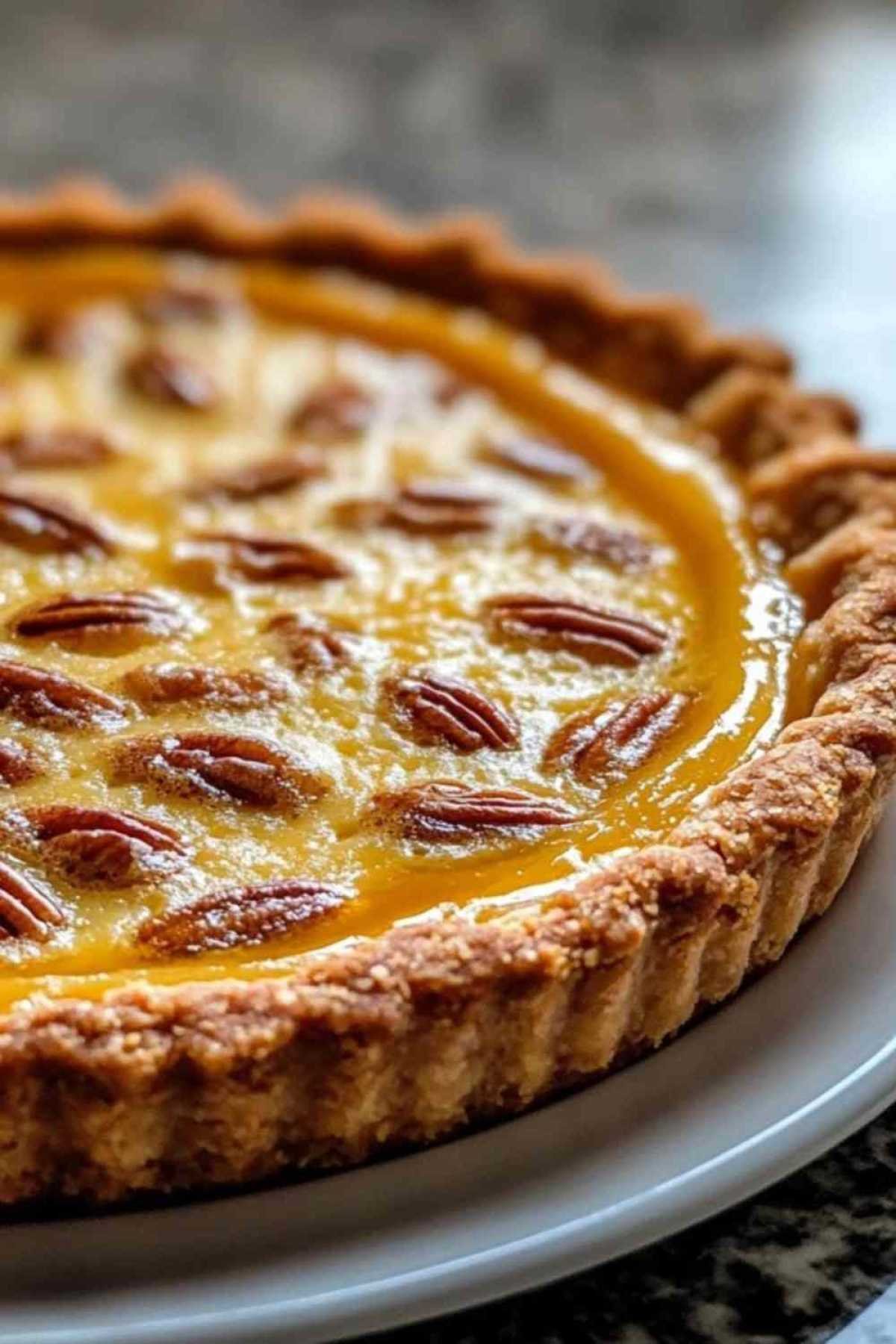 Tarte vanille pécan dorée et garnie de noix caramélisées