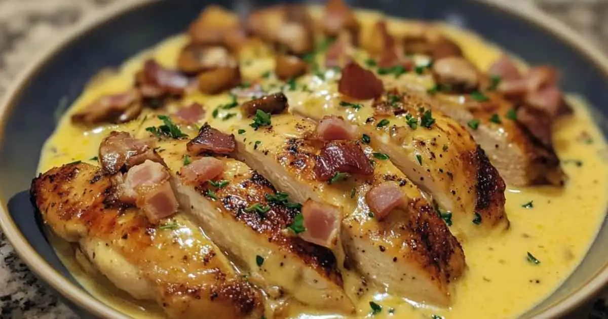 Émincés de poulet à la moutarde avec lardons et champignons dans une sauce crémeuse