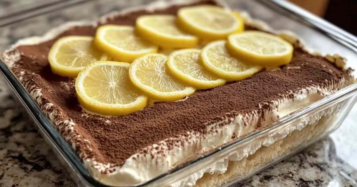 Tiramisu au citron saupoudré de cacao et décoré de tranches d’agrumes
