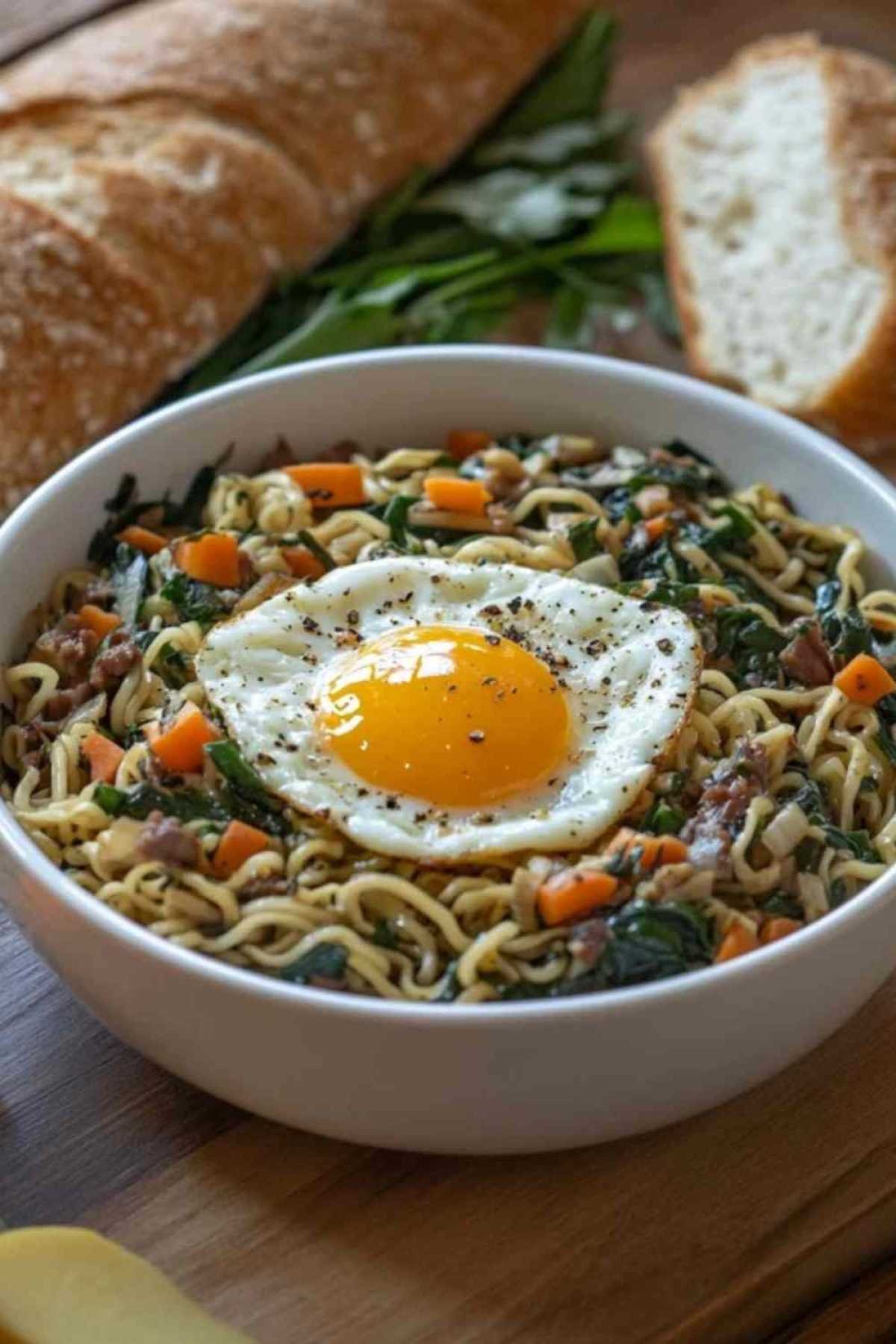 Bol de ramen sauceux garni d’oignons verts et d’un œuf mollet