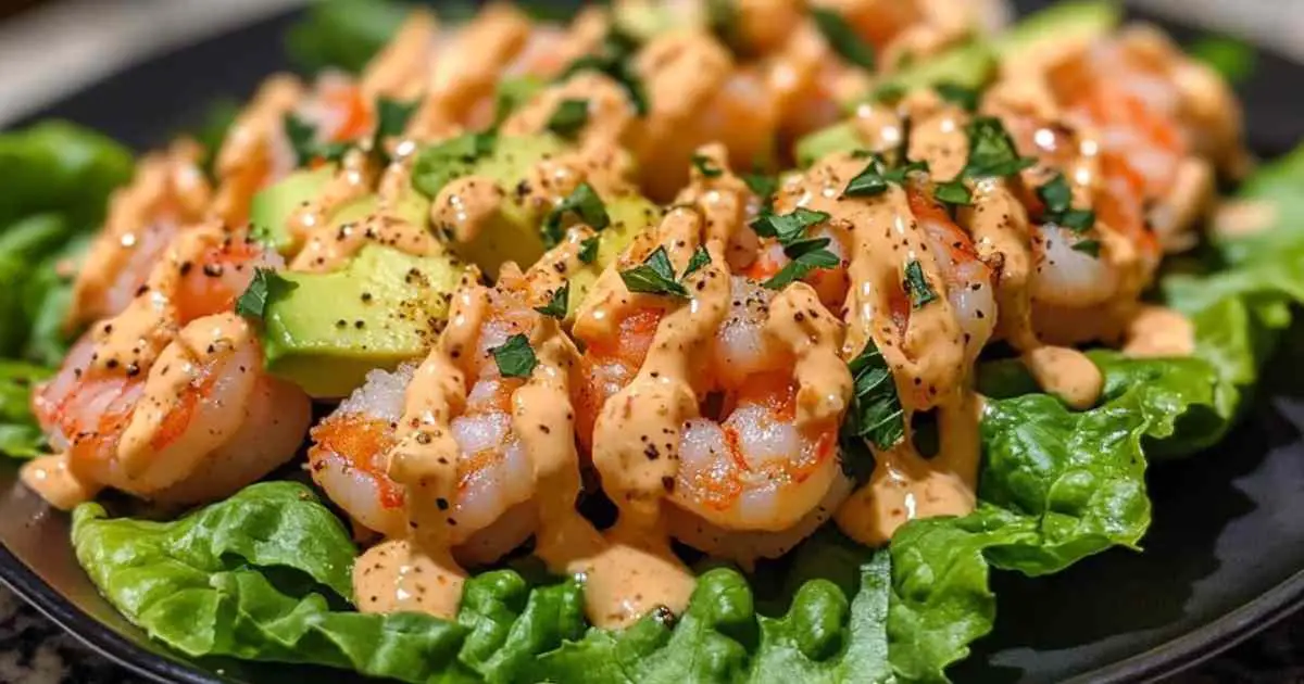 Coupes de laitue garnies de crevettes, avocat et sauce cocktail