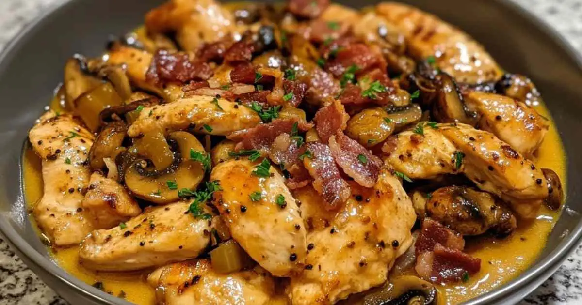 Émincés de poulet à la moutarde avec lardons et champignons dans une sauce crémeuse