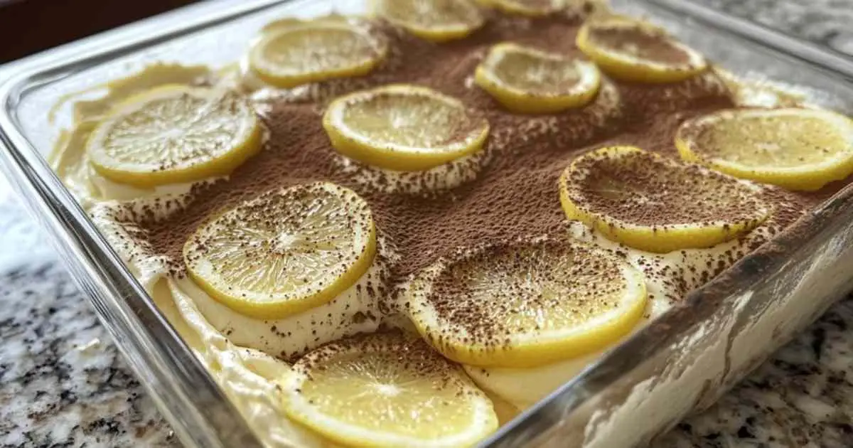 Tiramisu au citron saupoudré de cacao et décoré de tranches d’agrumes
