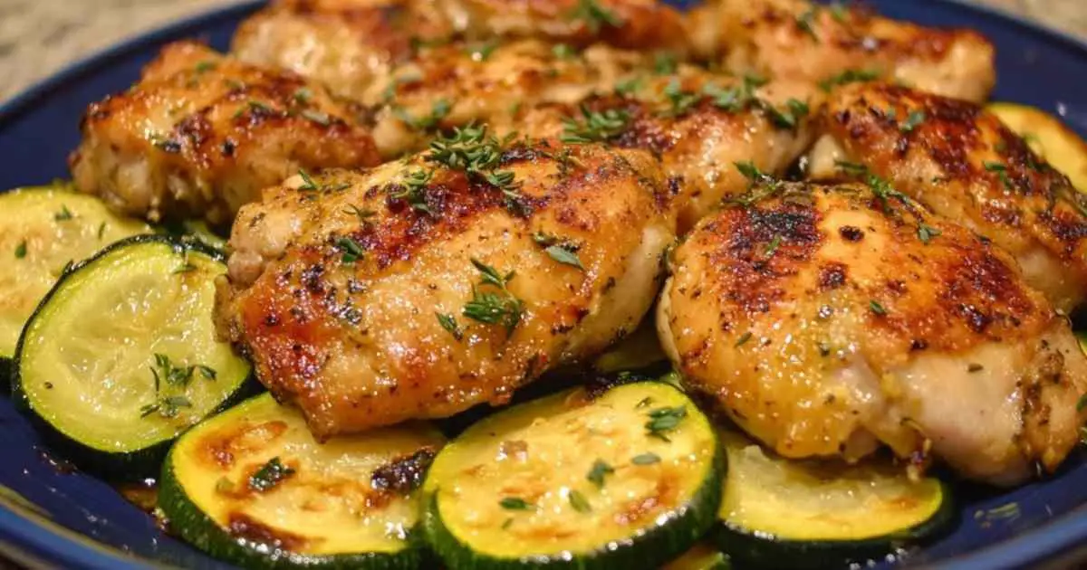 Poulet aux courgettes et citron servi dans un plat en terre cuite