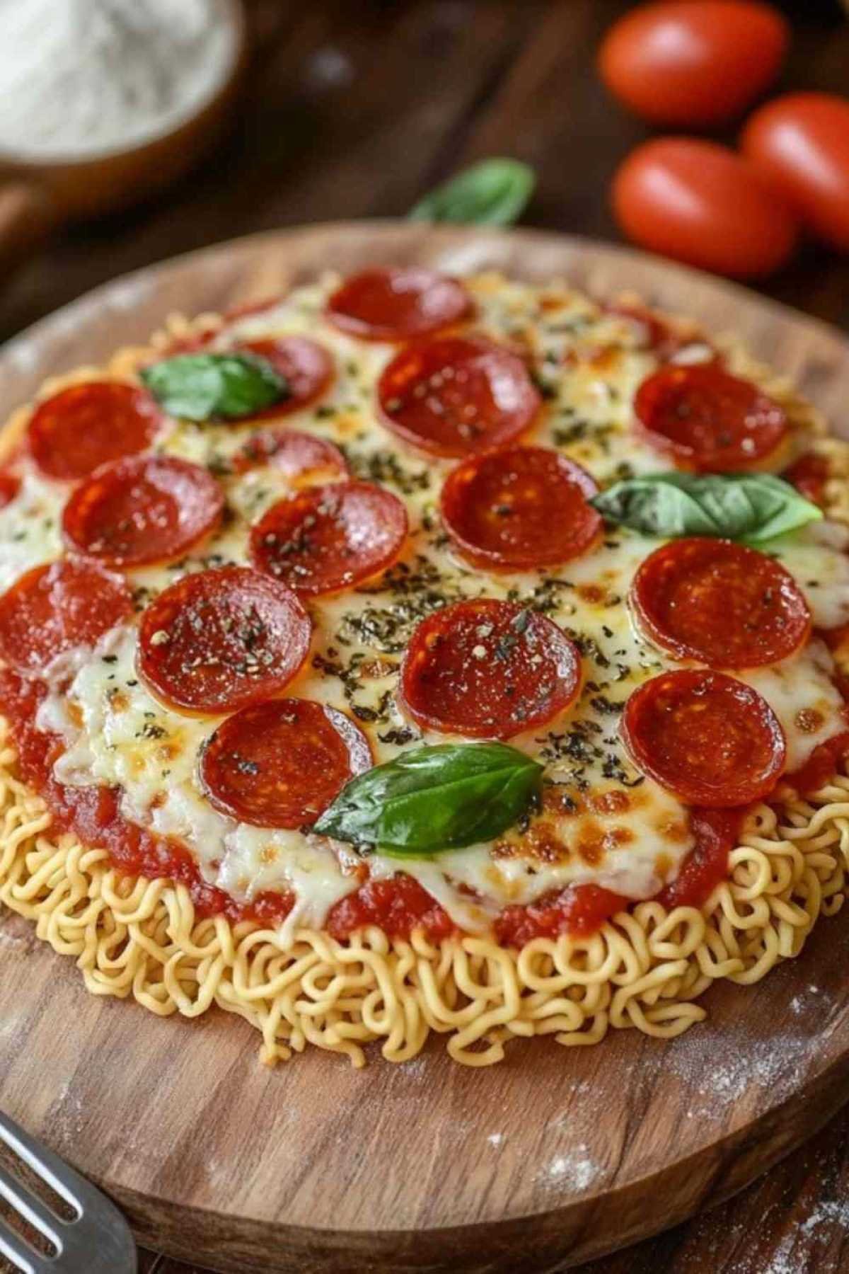 Pizza ramen fusion avec fromage fondant et garnitures colorées sur fond rustique