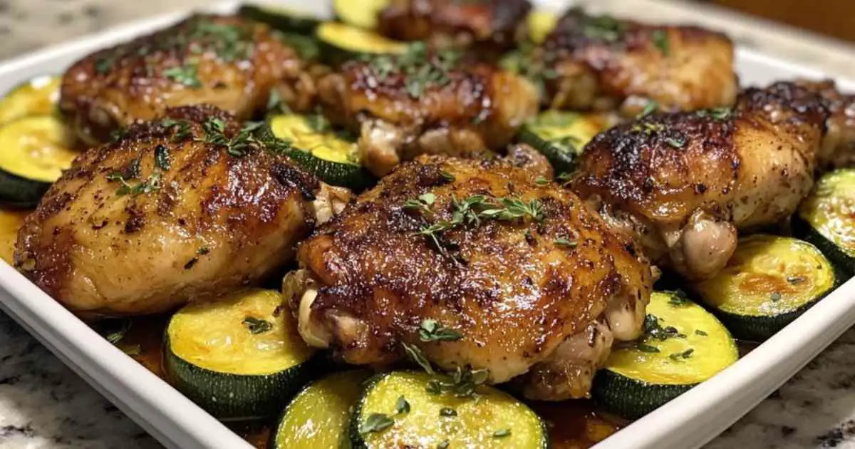 Poulet aux courgettes et citron servi dans un plat en terre cuite