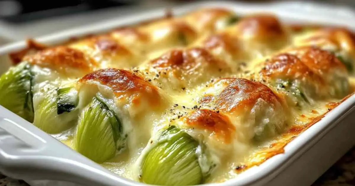 Gratin d’endives au jambon avec sauce béchamel et fromage doré