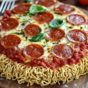 Pizza Ramen 8 Pizza ramen fusion avec fromage fondant et garnitures colorées sur fond rustique