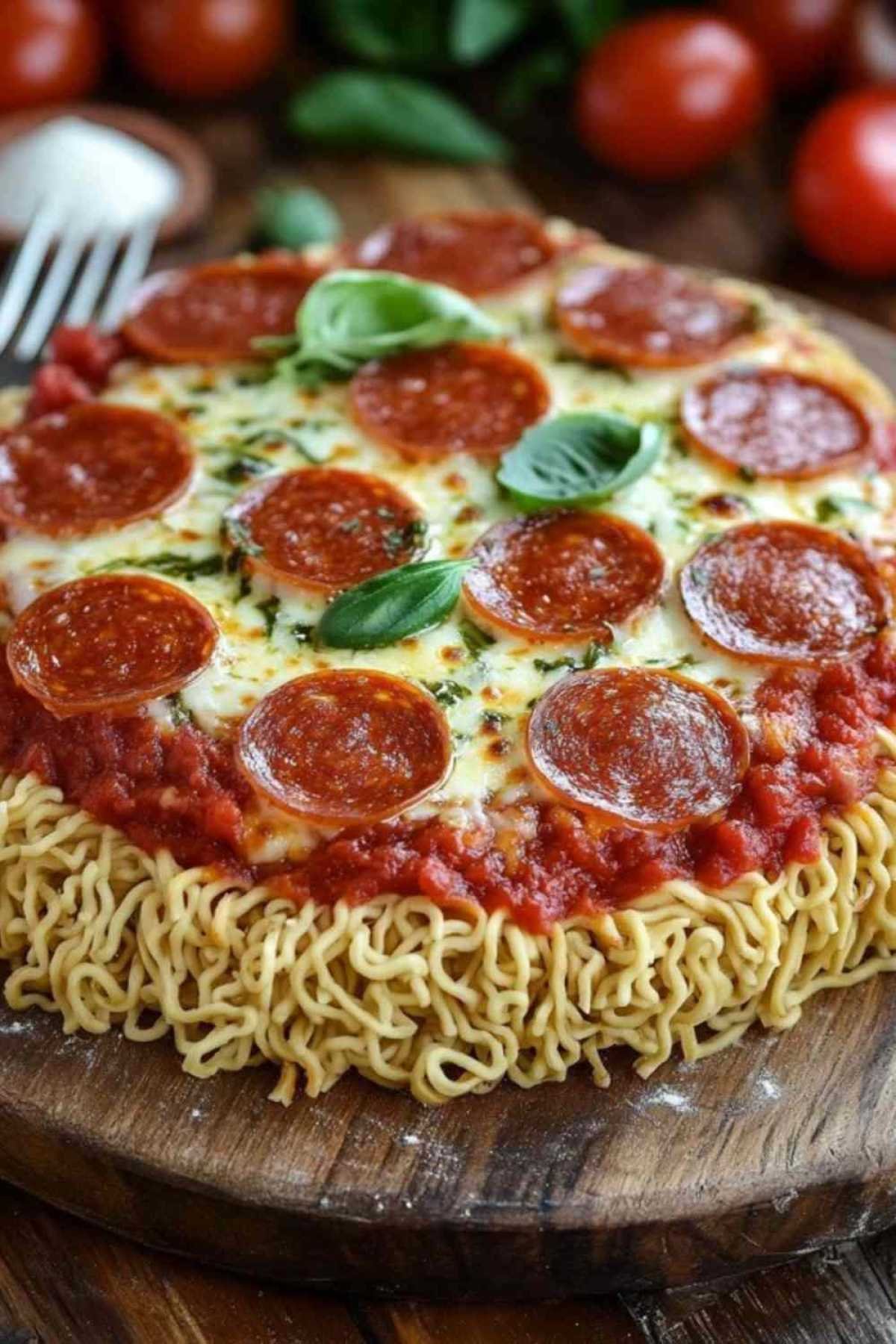 Pizza ramen fusion avec fromage fondant et garnitures colorées sur fond rustique