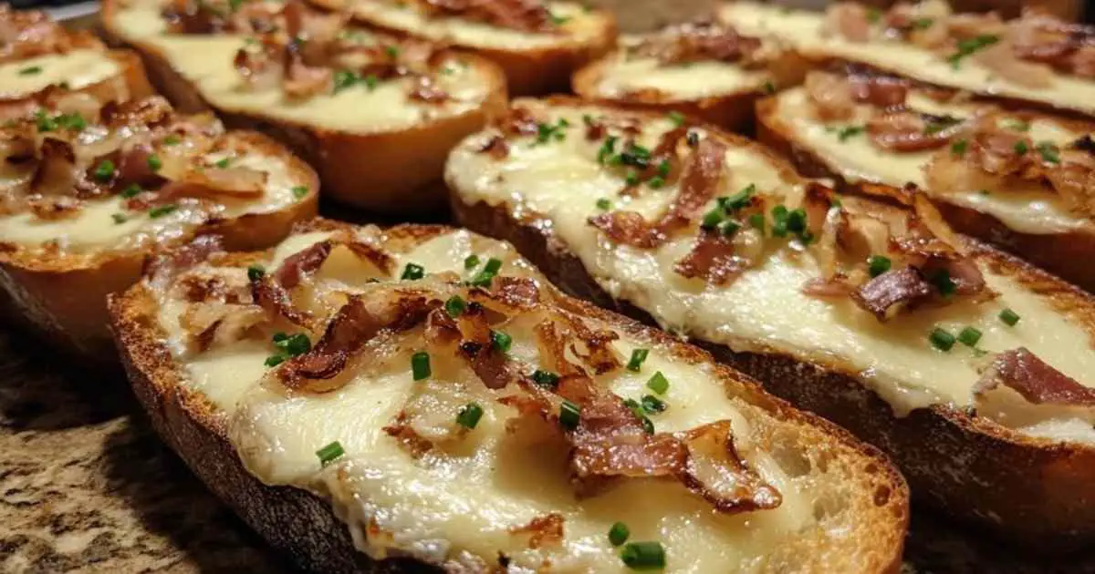 Bruschettas au fromage à raclette fondu, parsemées de ciboulette fraîche avec le fromage qui file délicieusement