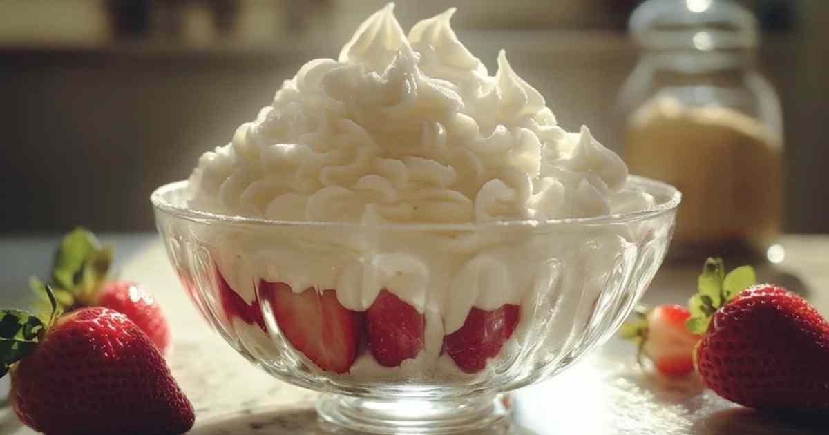 Crème chantilly maison servie sur des fraises fraîches