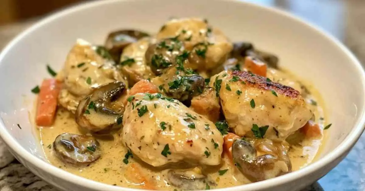 Blanquette de poulet aux champignons en cours de préparation dans une casserole