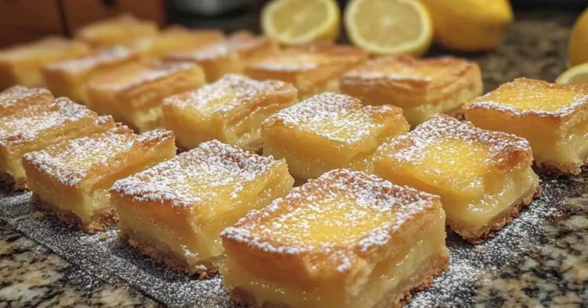 Carrés au citron saupoudrés de sucre glace sur un plat de service