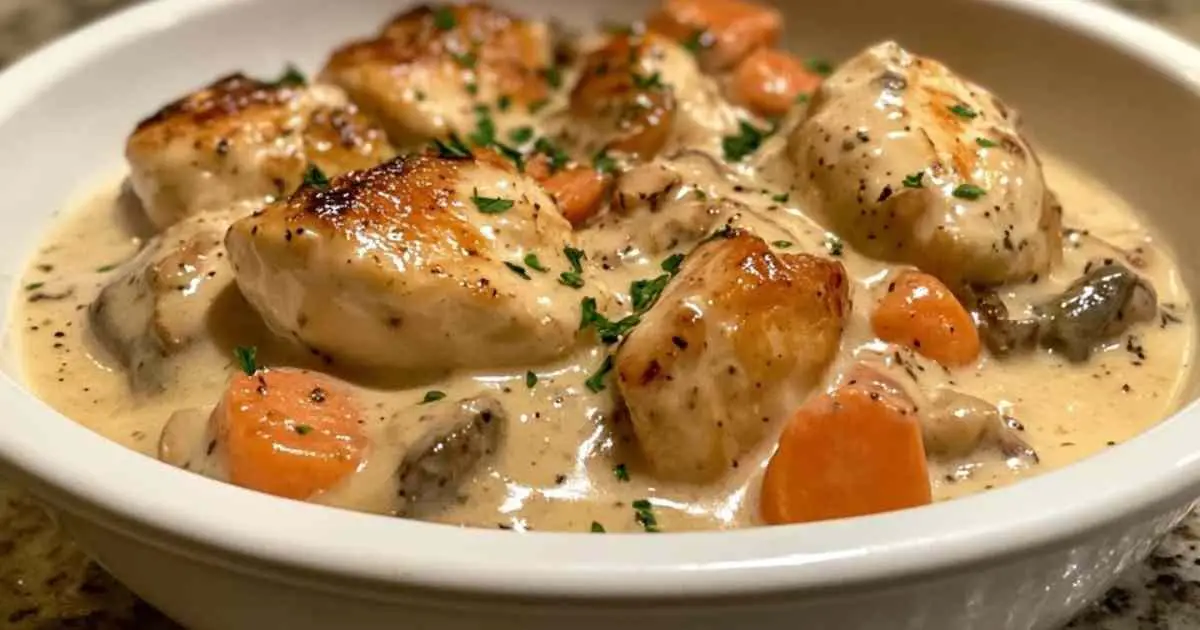 Blanquette de poulet aux champignons en cours de préparation dans une casserole