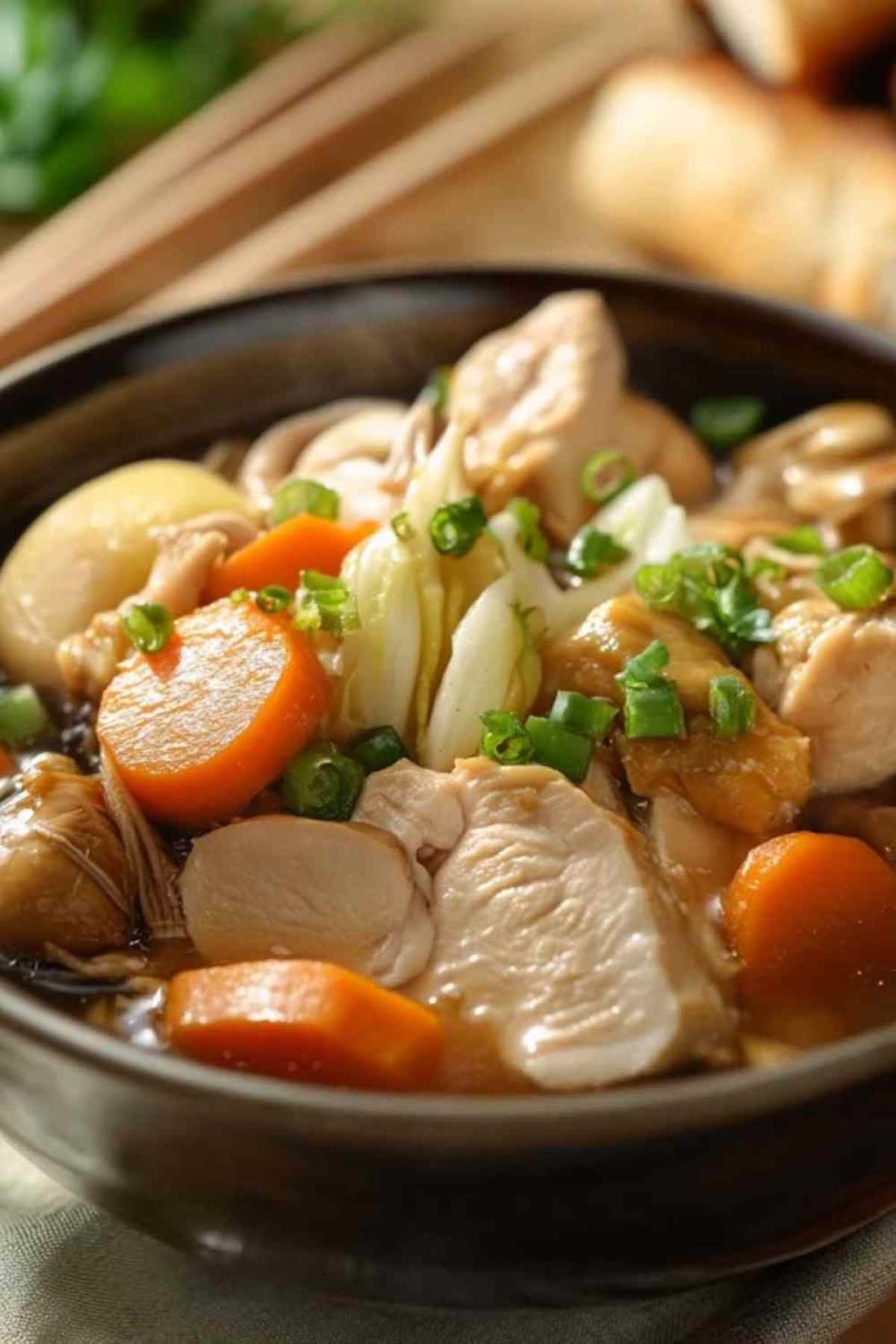 Bol de ramen au poulet avec œuf mollet, champignons et garnitures colorées