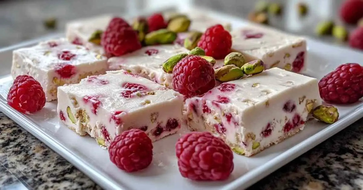 Nougat tendre à la framboise et pistache sur plat de service