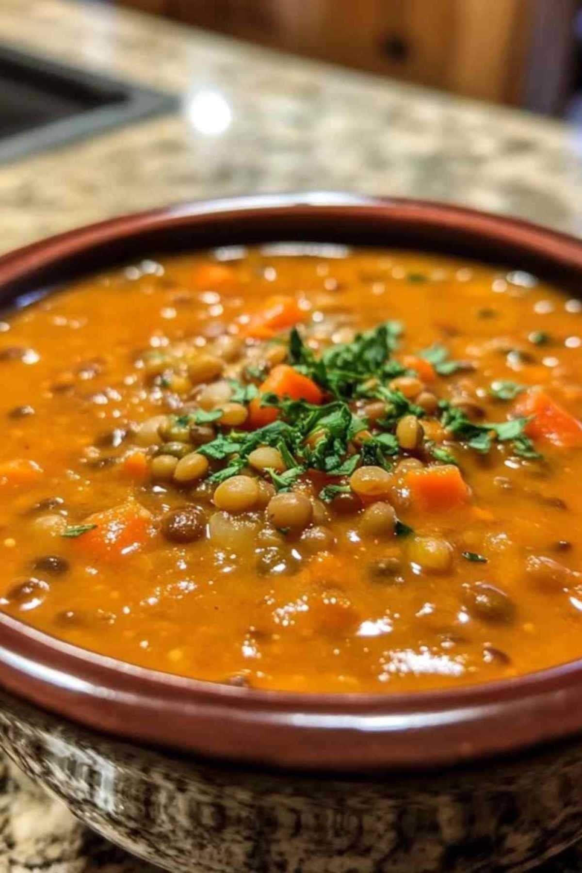  Soupe de lentilles corail et carottes dans un bol blanc avec garniture de coriandre