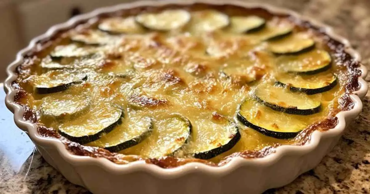 Gratin de courgettes au thon doré et fumant dans un plat à four