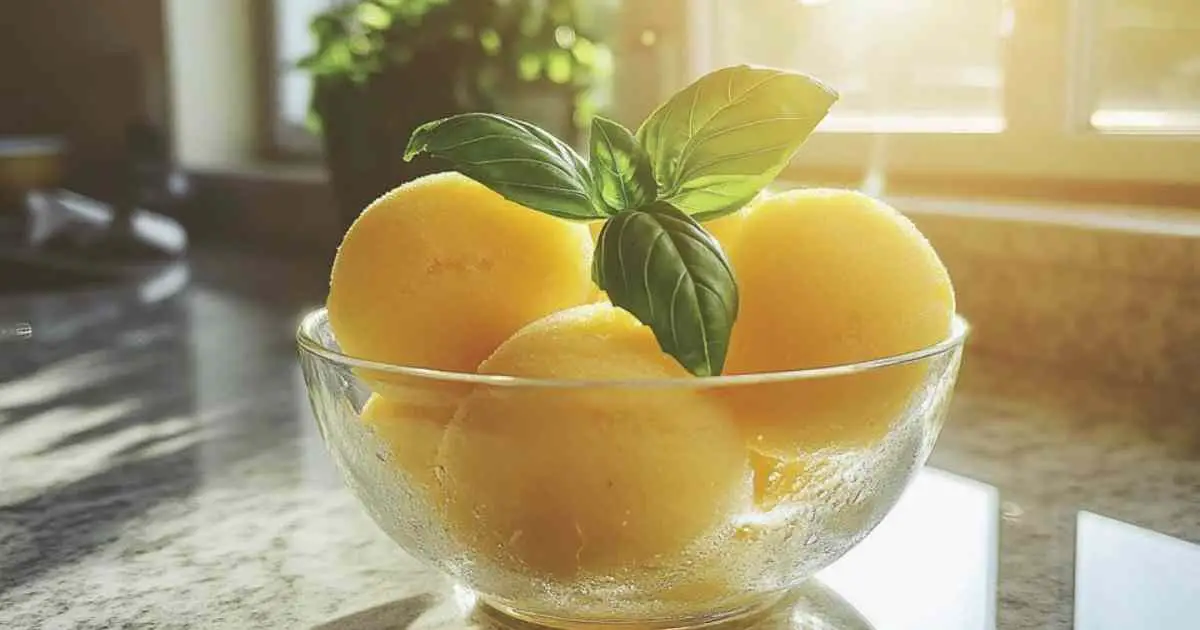 Sorbet citron basilic maison servi dans une coupe en verre