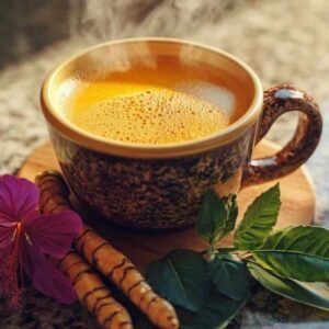 Infusion Miraculeuse au Curcuma et Corossol 8 Tasse d’infusion au curcuma et corossol prête à déguster